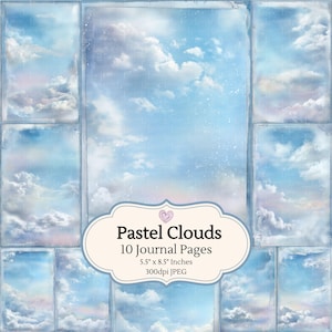 Puede incluir: Diez páginas de diario con un diseño de nubes pastel. Las páginas miden 14 x 21,6 cm. El fondo es azul claro con nubes blancas y esponjosas, creando una estética suave y soñadora.