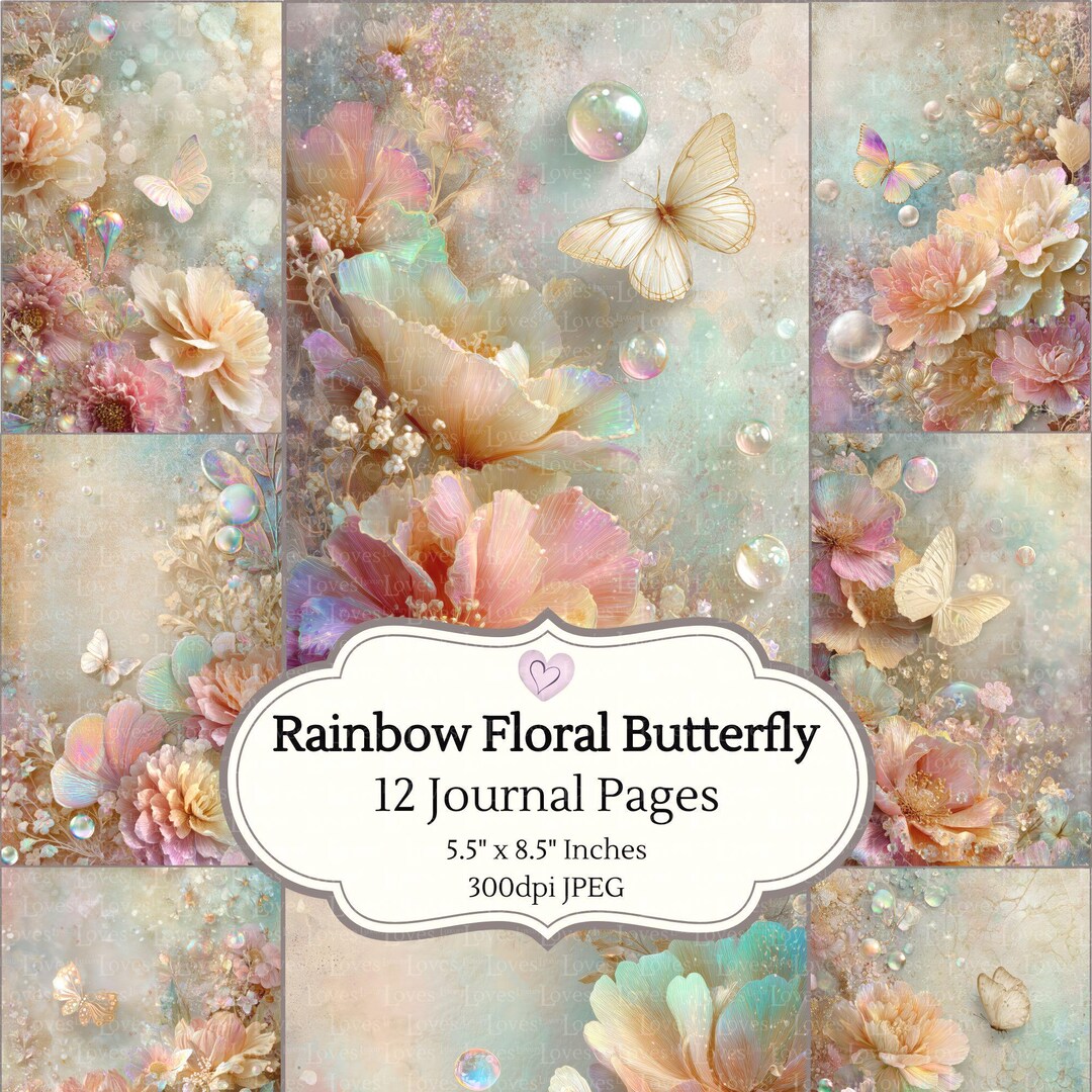 Rainbow Floral Butterfly Junk Journal Pages, Pearl Flower Digital ...