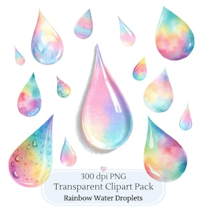 Peut inclure: Ensemble de cliparts aquarelle représentant des gouttes d'eau arc-en-ciel transparentes de différentes tailles. Les gouttes sont remplies de couleurs pastel, dont le rose, le bleu, le jaune et le vert. Le texte "300 dpi PNG Transparent Clipart Pack Rainbow Water Droplets."