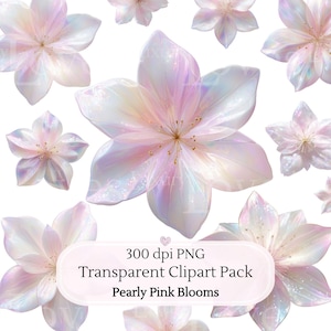 Pacote de Clipart de Flores Rosa Peroladas, Design de Cartão com Flor Iridescente em PNG Transparente, Gráfico Imprimível de Flor Arco-Íris, Uso Comercial