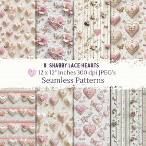 Shabby Lace Hearts Seamless Pattern Digital Papers, Butterfly Pearl Background Instant Download, Commercial Use, Repeat Fabric Design Tile