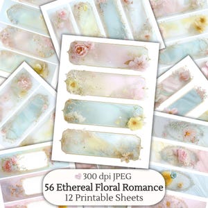 May include: Printable sheets with rectangular designs, floral and watercolour elements. Pastel colours, gold accents, and flower illustrations are featured. The image text reads "56 Ethereal Floral Romance" and "12 Printable Sheets".