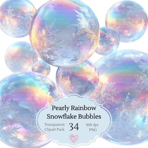 Può includere: Una collezione di bolle iridescenti e perlate arcobaleno con motivi a fiocco di neve. L'immagine include un'etichetta che recita "Pearly Rainbow Snowflake Bubbles" e "Transparent Clipart Pack 34 300 dpi PNG."