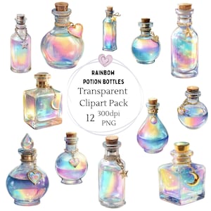 Könnte beinhalten: Aquarellillustration von zwölf Regenbogen-Zaubertränken mit Korken. Einige Flaschen haben goldene Anhänger in Form von Herzen, Sternen und Monden. Der Text im Bild lautet "Rainbow Potion Bottles Transparent Clipart Pack 12 300dpi PNG."