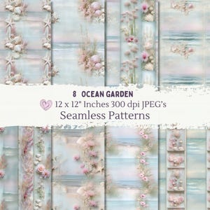 Puede incluir: Una colección de ocho patrones sin costuras con temática oceánica. Los diseños presentan conchas marinas, estrellas de mar y elementos florales en colores pastel suaves. El texto dice "8 Ocean Garden 12 x 12 Inches 300 dpi JPEG's Seamless Patterns."
