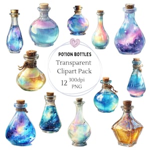 May include: Watercolor illustration of twelve potion bottles with cork stoppers. The bottles are filled with colorful liquids, including blues, purples, and yellows. Text reads "Potion Bottles Transparent Clipart Pack 12 300dpi PNG."