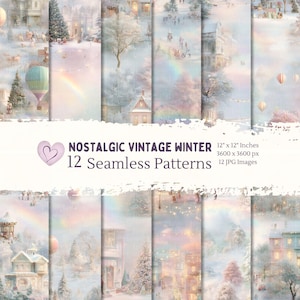 May include: A collection of 12 seamless patterns with a nostalgic winter theme. The patterns feature watercolor illustrations of snowy landscapes, houses, and rainbows. The text reads "NOSTALGIC VINTAGE WINTER 12 Seamless Patterns". Each image is 12" x 12" and 3600 x 3600 px.