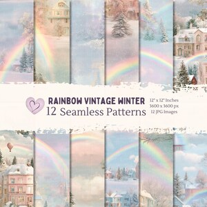 May include: A collection of 12 seamless digital patterns with a vintage winter theme. Each pattern features pastel colors, rainbows, snow, and winter scenes with houses and trees. The text reads "RAINBOW VINTAGE WINTER 12 Seamless Patterns".