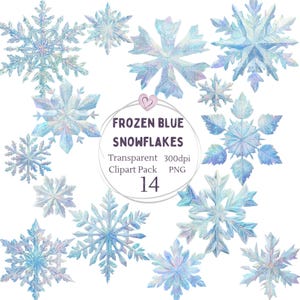 Puede incluir: Un conjunto de 14 copos de nieve de acuarela en varios diseños y tamaños. Los copos son principalmente azules con reflejos iridiscentes, con el texto "FROZEN BLUE SNOWFLAKES" en un círculo.