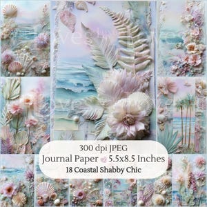 May include: A collection of 18 coastal shabby chic journal paper designs. Each design features a pastel color palette with seashells, flowers, and ocean scenes. The paper measures 5.5 x 8.5 inches.