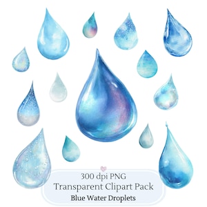 Peut inclure: Ensemble de cliparts aquarelle représentant des gouttes d'eau bleues transparentes de différentes tailles et nuances. Les gouttes ont un effet réaliste et chatoyant, certaines affichant de subtiles nuances de violet et de rose. Le texte indique "300 dpi PNG Transparent Clipart Pack Blue Water Droplets."