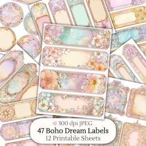 May include: A collection of 47 Boho Dream Labels on 12 printable sheets. The labels feature floral designs in pastel colors, including pink, peach, and blue, with ornate gold frames. The text "300 dpi JPEG" is also visible.