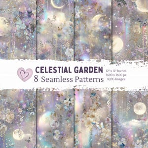 May include: Eight seamless patterns with a celestial garden theme, featuring moons, flowers, and butterflies in purple, blue, and gold. The patterns are 30.48 cm x 30.48 cm. The text reads "CELESTIAL GARDEN" and "12" x 12" Inches".