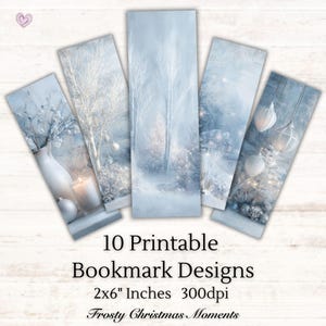 Peut inclure: Dix marque-pages imprimables avec des scènes d'hiver en bleu et blanc. Chaque marque-page présente un paysage hivernal différent, avec des arbres enneigés, des ornements et un vase avec des fleurs. Les marque-pages mesurent 5 x 15 cm.