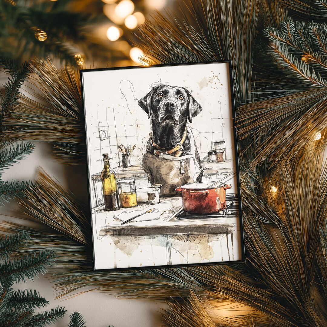 Black Labrador Chef Printable Art, Watercolour Dog Kitchen Decor, Funny ...