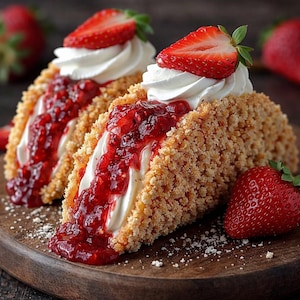 Op de afbeelding: Twee desserttaco's met een kruimelige buitenkant, gevuld met witte room en gegarneerd met rode aardbeienjam en verse aardbeien. De taco's liggen op een houten plank, met extra aardbeien zichtbaar.