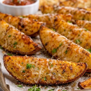 May include: Close-up of baked potato wedges on a baking sheet. The wedges are golden brown, seasoned with herbs and cheese, and garnished with fresh parsley. A small bowl of red sauce is in the background.