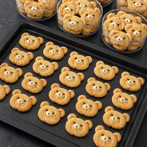 May include: A tray of bear-shaped cookies, arranged in rows. The cookies are golden brown with detailed features, including small ears and a white and brown face. Several clear plastic containers filled with similar cookies are also visible, suggesting a baked goods theme.