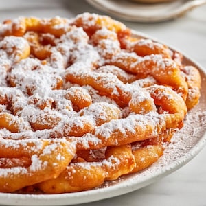 May include: A close-up shot of a golden-brown funnel cake, dusted generously with powdered sugar, sits on a white plate. The fried dough is arranged in a circular pattern, creating a visually appealing dessert.