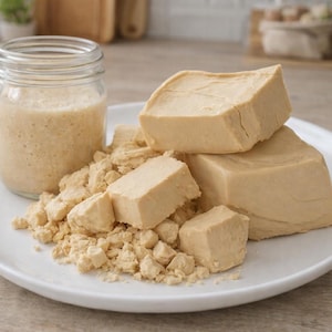 May include: A close-up of a white plate with various forms of yeast. There are large, rectangular blocks of yeast, smaller cubes, and a jar filled with a bubbly, liquid yeast mixture. The yeast is a light tan color.