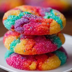 Könnte beinhalten: Ein Stapel von drei bunten, regenbogenfarbenen Zuckerkeksen. Jeder Keks ist mit einer Schicht Zuckerkristallen und Streuseln bedeckt. Die Kekse sind auf einem weißen Teller angeordnet, wobei die Farben des Regenbogens sichtbar sind.