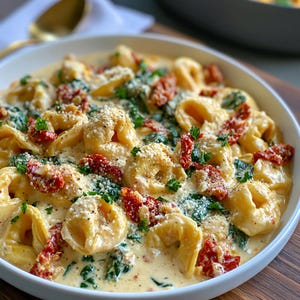 May include: A close-up shot of a creamy pasta dish in a white bowl. The dish features tortellini, spinach, sun-dried tomatoes, and grated cheese. Fresh parsley is sprinkled on top, adding a pop of green. The pasta is coated in a creamy sauce.