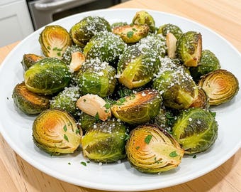 Receta de coles de Bruselas, guarnición sencilla y saludable, verduras asadas al horno fáciles de preparar, descarga digital en PDF, tarjeta imprimible.