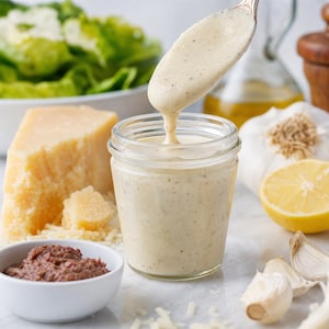 May include: A jar of creamy Caesar salad dressing being poured from a spoon. Ingredients include Parmesan cheese, a bowl of pesto, garlic, and a lemon half. A bowl of lettuce is in the background.