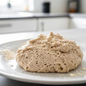 Può includere: Una palla di impasto marrone chiaro con una consistenza a bolle è su un piatto bianco. La farina è cosparsa intorno all'impasto. Lo sfondo è una scena di cucina sfocata con mobili bianchi e un piano di lavoro scuro.