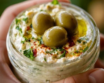 Ricetta per salsa di feta e olive verdi, antipasto cremoso mediterraneo (download in formato PDF digitale).