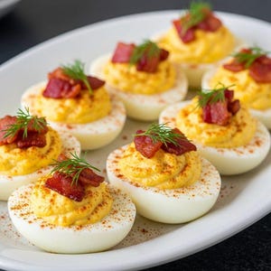 Könnte beinhalten: Eine weiße ovale Platte mit gefüllten Eiern, die jeweils halbiert und mit einer gelben Eigelbmischung gefüllt sind. Garniert mit knusprigem Speck und frischem Dill, sind die Eier mit Paprika bestäubt. Eine kleine Schüssel mit roter Sauce befindet sich im Hintergrund.