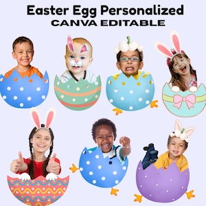 May include: An image featuring children inside colorful Easter egg cutouts. The eggs are decorated with polka dots and stripes. The text "Easter Egg Personalized CANVA EDITABLE" is at the top.