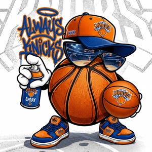 May include: A cartoon basketball character wearing an orange and blue baseball cap and sunglasses reflecting a basketball court. The character holds a spray paint can labeled Always Knicks and Spray, and wears orange and blue sneakers while holding a basketball.