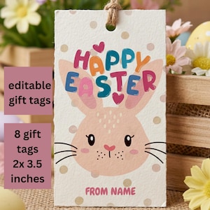 Może przedstawiać: Wielkanocne zawieszki na prezenty z motywem królika. Etykiety mają wymiary 5,08 x 8,89 cm i zawierają napisy "Happy Easter" i "From Name". Etykiety są w kolorze jasnoróżowym, niebieskim, pomarańczowym i różowym.