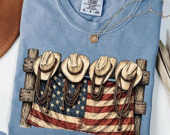 Comfort Colors Western Patriotic Shirt, Cowboy Hat USA Flag Tee, Fourth of July Shirt, Rustic Americana Shirt, Country Western Tee