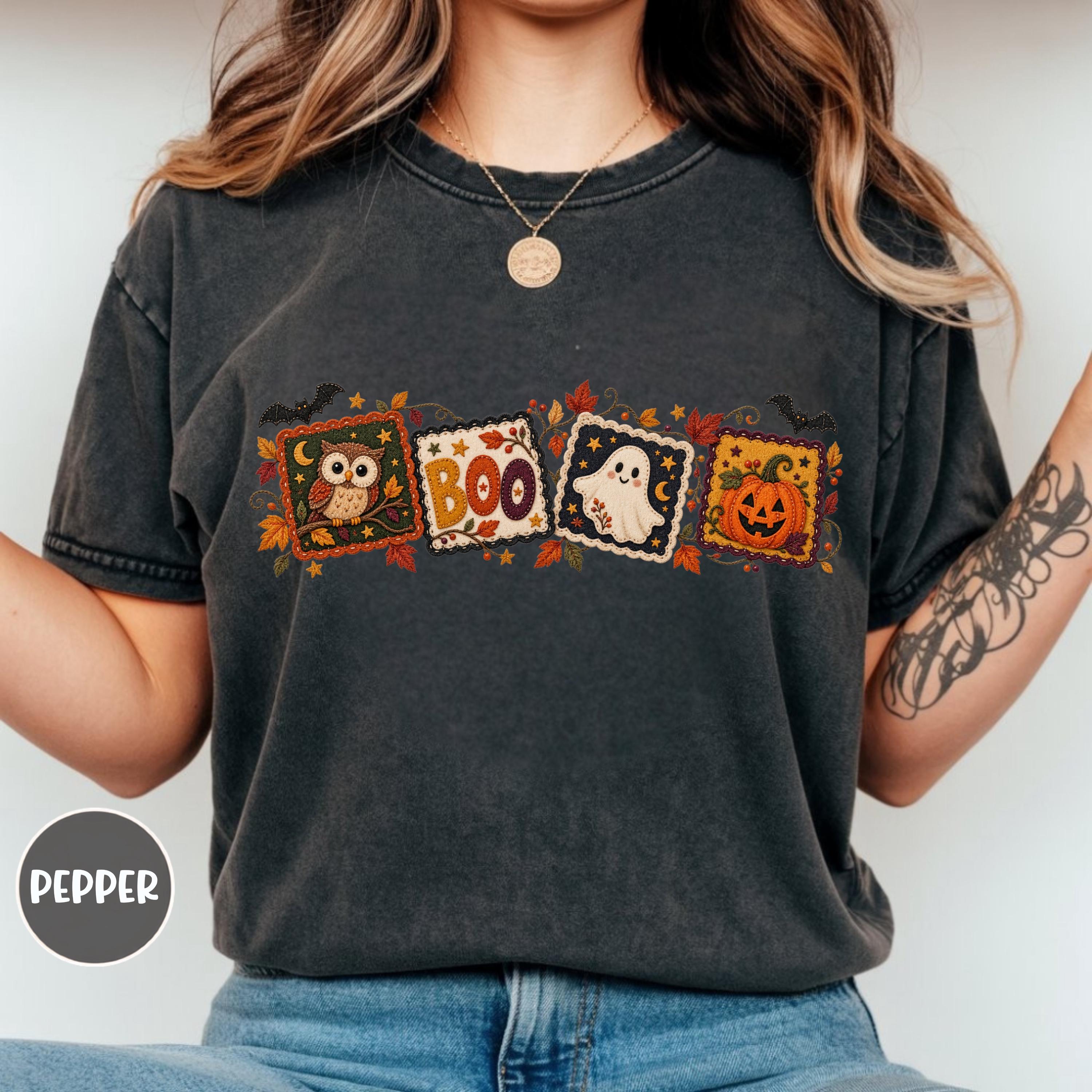 Vintage Halloween Faux Patchwork Shirt, Owl Ghost Pumpkin Boo Tee, Comfort Colors&reg; Fall T-Shirt