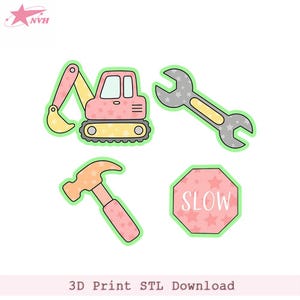 May include: A collection of pink and yellow construction-themed cutouts, including an excavator, wrench, hammer, and a stop sign with the word "SLOW". Each cutout has a green outline and star patterns. The text "3D Print STL Download" is at the bottom.