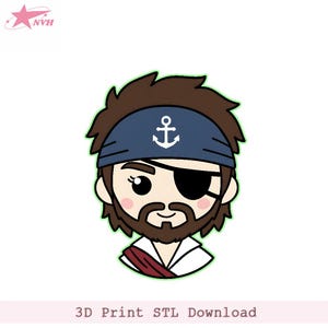 Peut inclure: Illustration de visage de pirate de dessin animé. Le pirate a les cheveux bruns, un bandana bleu avec une ancre blanche, un cache-œil et une barbe. Le texte "3D Print STL Download" est en bas.