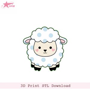 May include: A cartoon-style sheep with white wool, adorned with light blue polka dots. The sheep has a light tan face, pink heart-shaped cheeks, and black eyes. The image includes the text "3D Print STL Download" at the bottom.