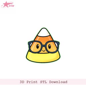 May include: A cartoon candy corn character wearing blue glasses. The candy corn has a yellow base, orange middle, and white top, with a smiling face. The image includes the text "3D Print STL Download".