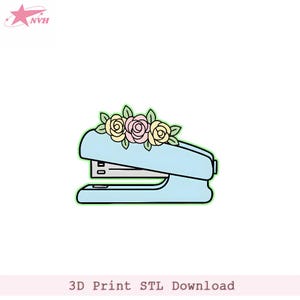 May include: A light blue stapler with a floral design. The stapler has a green outline and is decorated with three roses in shades of pink and yellow. The text "3D Print STL Download" is at the bottom.
