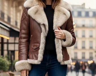 Puede incluir: Chaqueta de cuero marrón con cuello y puños de piel color crema. La chaqueta tiene un diseño acolchado en los hombros y un pequeño bolsillo en el pecho. La modelo lleva un jersey negro y vaqueros azules.