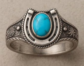 Silver Horseshoe Ring, Turquoise-Color Stone, Western Signet Band