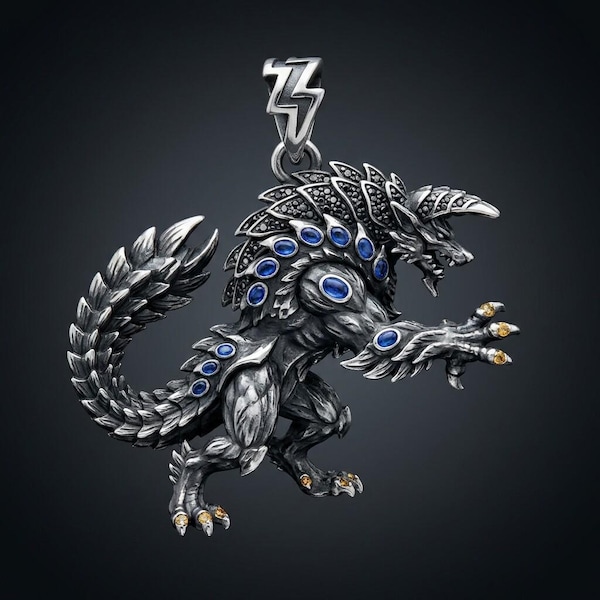 Thunder Wolf Dragon Beast Pendant , Gothic Fantasy Monster Necklace for Men Women Statement Cosplay