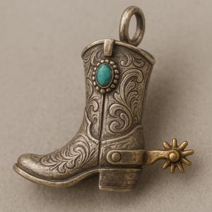 Puede incluir: Colgante de bota de vaquero plateada con intrincados detalles florales y una piedra turquesa. La bota presenta una espuela dorada. El colgante tiene un lazo para sujetarlo a un collar o pulsera.