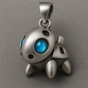 May include: A silver pendant shaped like a small, robotic creature with bright blue, round eyes. The pendant has a loop for a chain and three small legs. The design has a futuristic aesthetic, with a metallic finish.