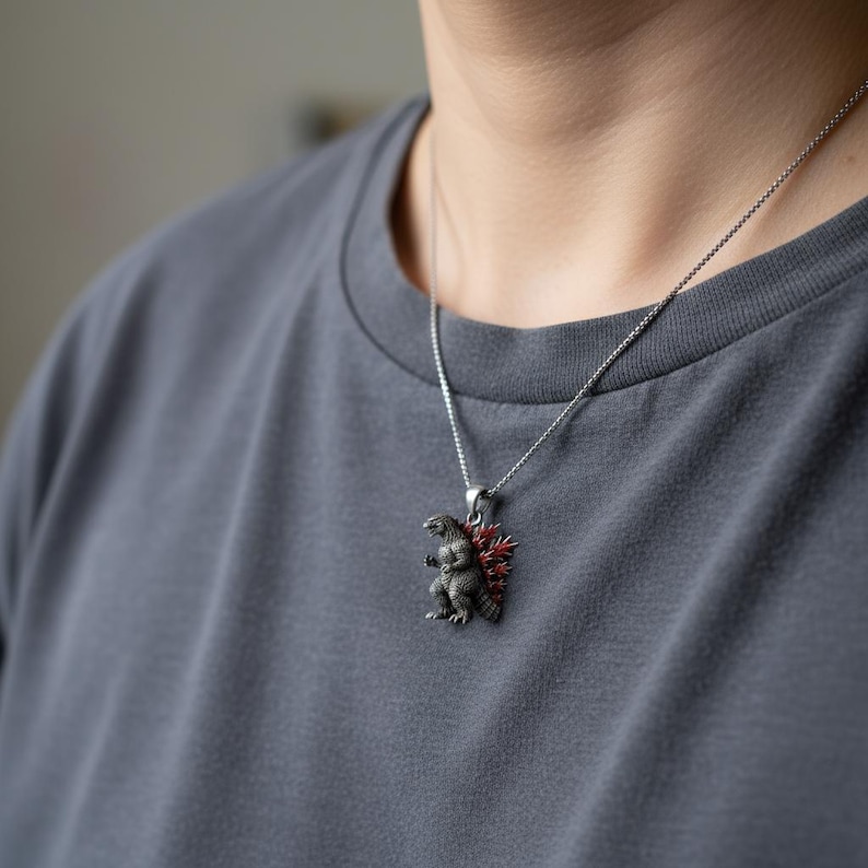 Godzilla Pendant Necklace: Silver Kaiju Charm With Red Spines - Etsy