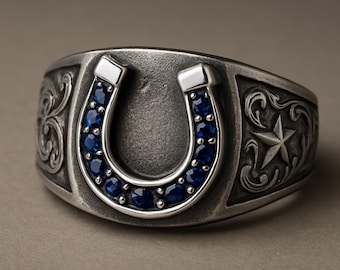 Sterling Silver Western Horseshoe Ring with Blue Stones, Cowboy Lucky Horse Shoe Band