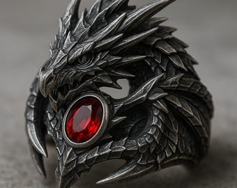 Può includere: Anello a forma di drago argentato e dettagliato con una prominente gemma rossa. L'anello presenta squame intricate, artigli affilati e un design a testa di drago. La gemma ovale aggiunge un contrasto sorprendente alla finitura metallica.