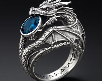 Sterling Silver Dragon Ring with Blue Stone, Gothic Fantasy Jewelry